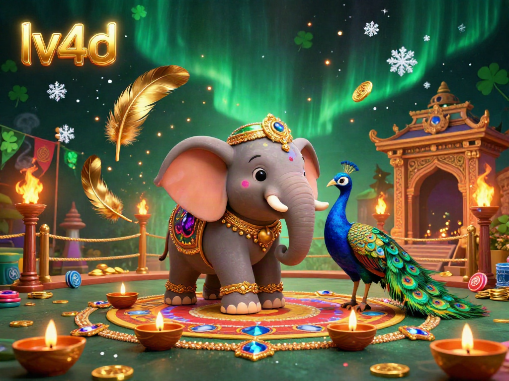 Experience the dazzling lv4d platform with an engaging 3D illustration of a gambling scene featuring a decorated elephant and peacock.