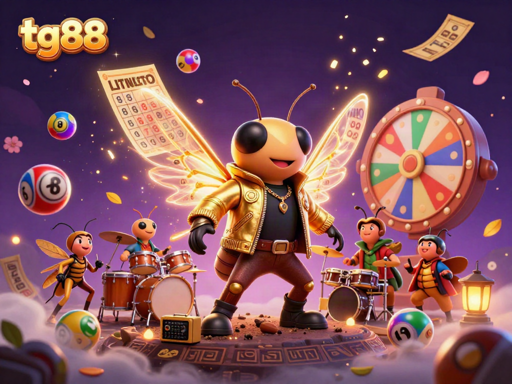 Engage in dynamic gambling fun with tg88 as a rock star cicada dazzles with electric wings amidst vibrant lottery elements.