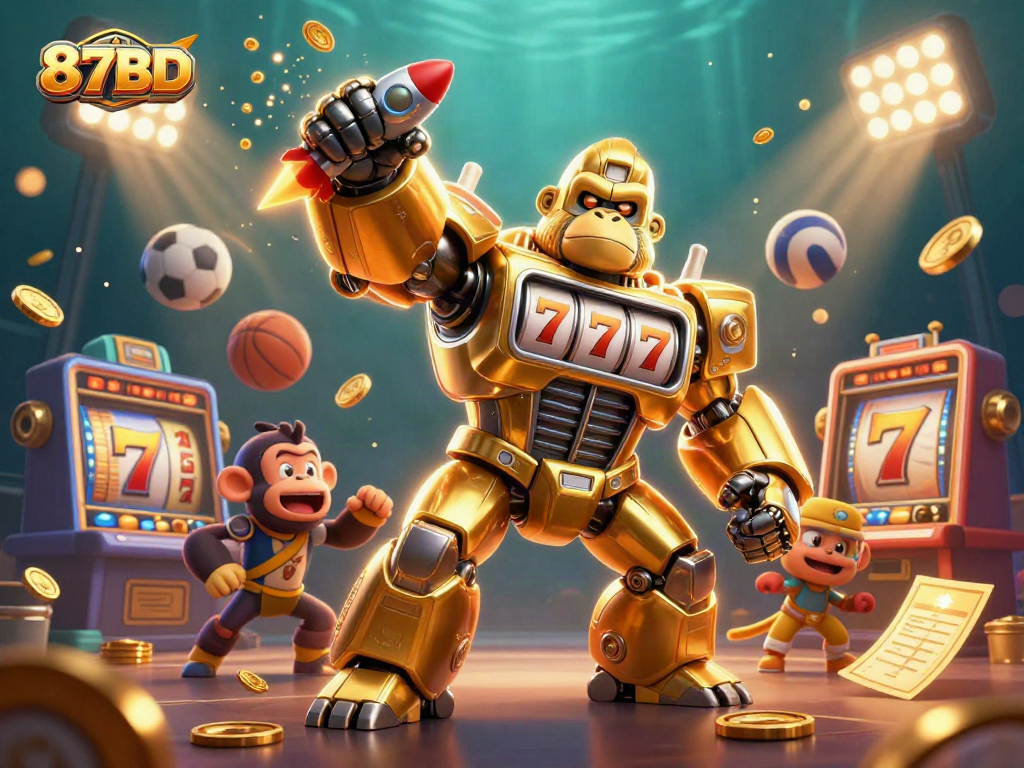 Engage in thrilling gaming with 87BD's vibrant casino-themed illustration featuring a dynamic mech.