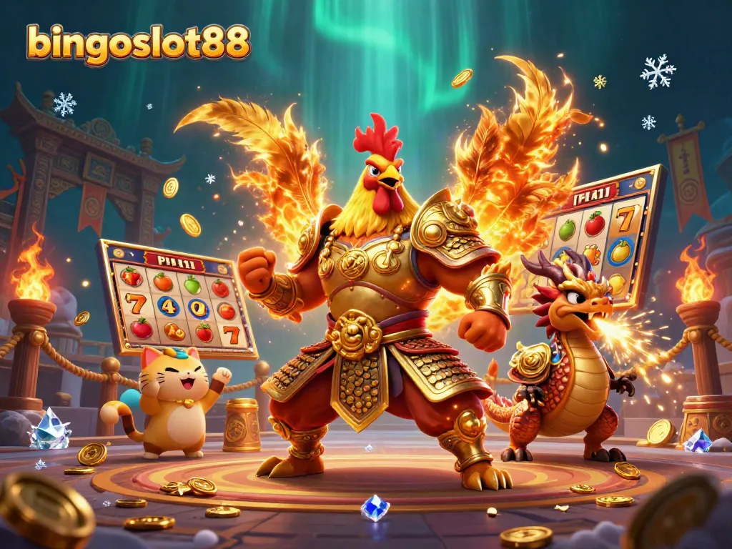 Rasakan aksi seru di bingoslot88 dengan ayam petarung dan naga, dihiasi simbol slot dan koin emas.