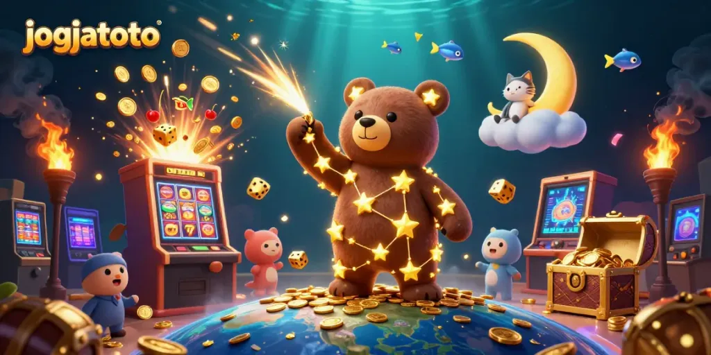 Experience the magic of jogjatoto with a celestial bear collecting coins amidst a casino jackpot scene.