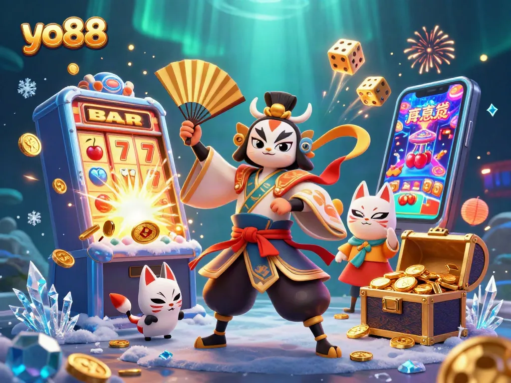 Experience the thrill of yo88 with 3D characters amidst a vibrant casino scene featuring winning slot symbols and dynamic gaming elements.