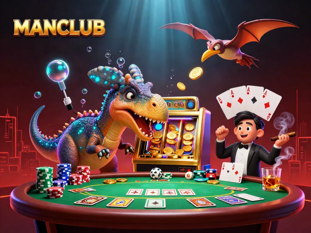 MANCLUB illustration showing a pachycephalosaurus at a slot machine with coins flying in a casino setting.