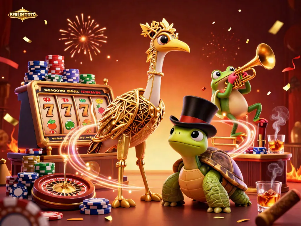 Join the excitement at BERLINTOTO with colorful slot reels, characters, and vibrant casino elements.