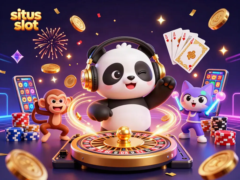 Experience the thrill of situs slot with a vibrant 3D illustration of a DJ panda, breakdancing monkey, and rave kitten