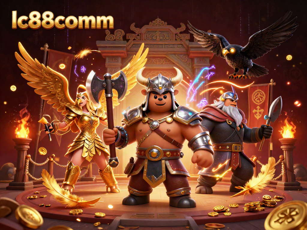 Engage in high-stakes gaming with lc88comm's vibrant 3D casino illustration featuring a Viking and Valkyrie.