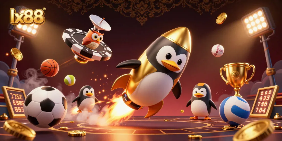 Experience thrilling gaming moments with lx88, featuring a vibrant penguin and casino elements.