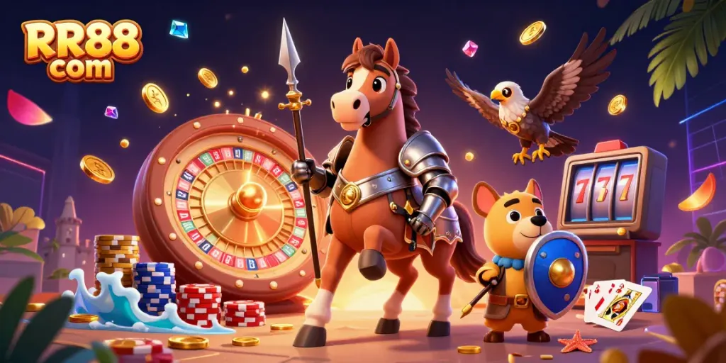 Experience thrilling gaming adventures at RR88 com, featuring dynamic characters and vibrant casino elements.