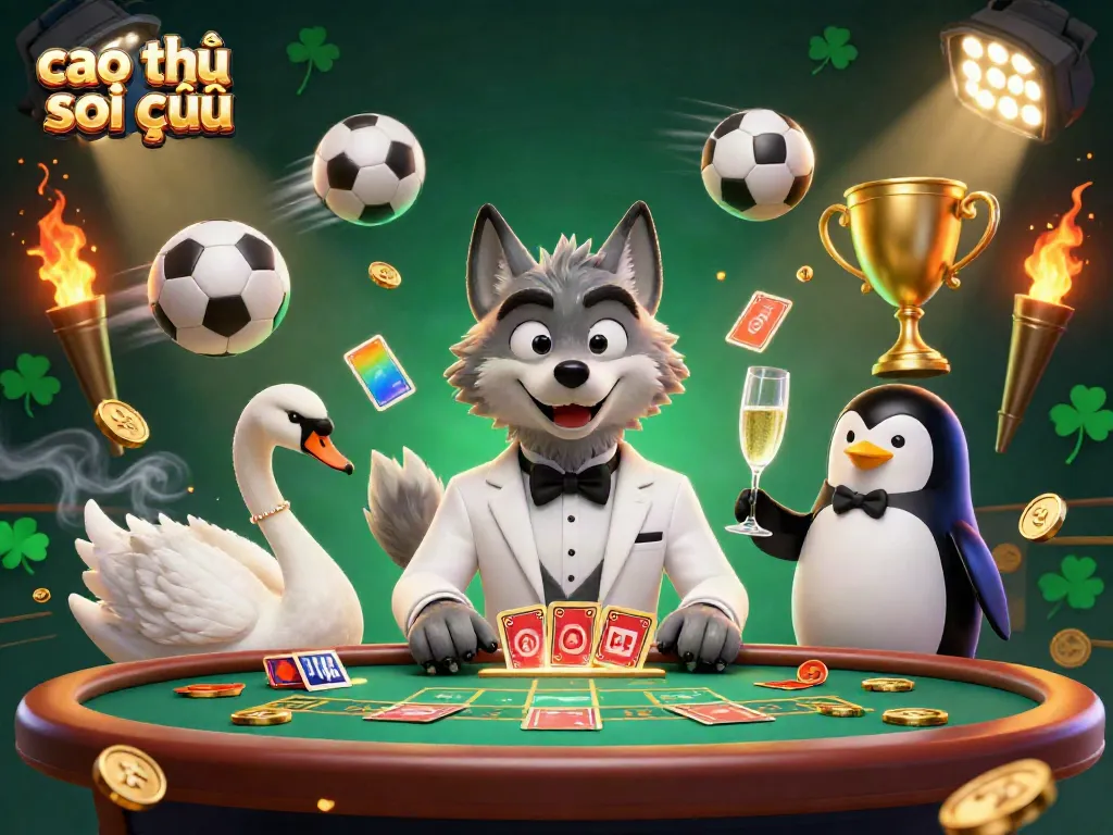 Cao thủ soi cầu scene showcasing a debonair wolf, an elegant swan, and a sophisticated penguin in a vibrant casino atmosphere.