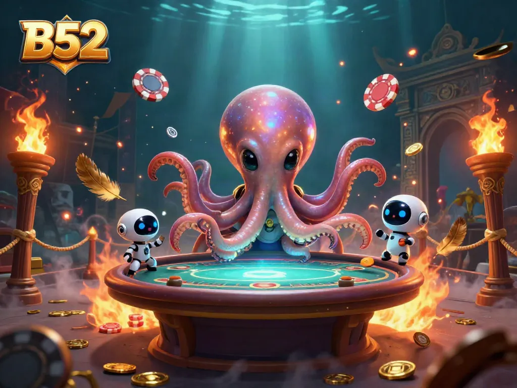 B52 octopus plays poker in a cosmic casino, showcasing thrilling gambling action amidst vibrant colors.