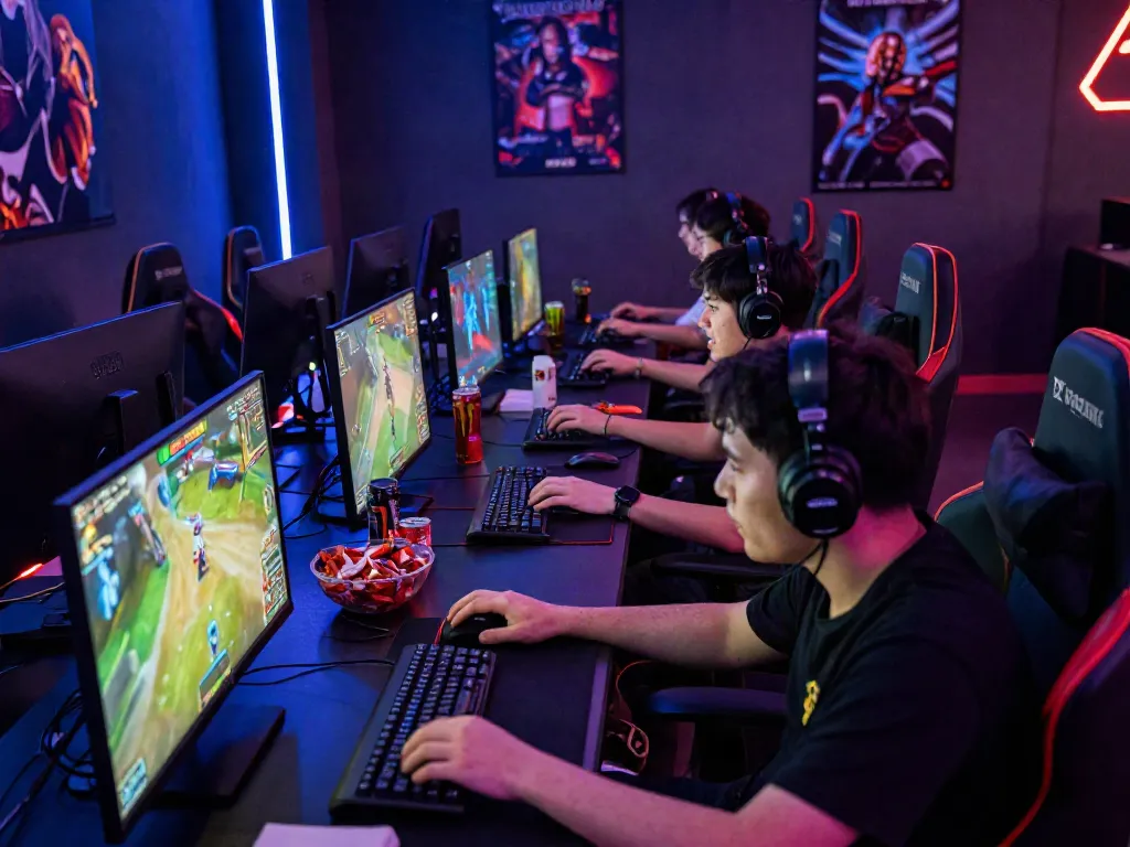 Players immersed in intense online gaming on garuda404, vibrant graphics, neon lights.