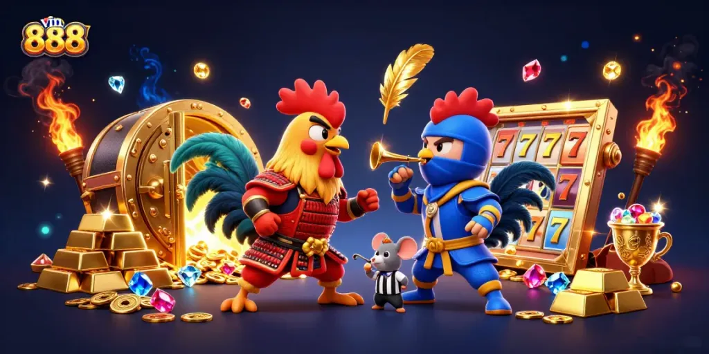 Experience the thrill of vin 888 at the online casino, featuring an electrifying fight between roosters amidst golden treasures.