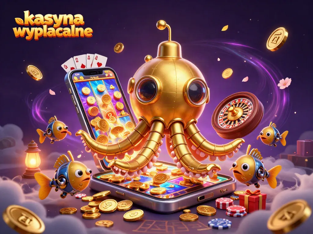 Experience the thrill of kasyna wyplacalne with a golden kraken submarine amidst sparkling coins and dynamic gaming elements.
