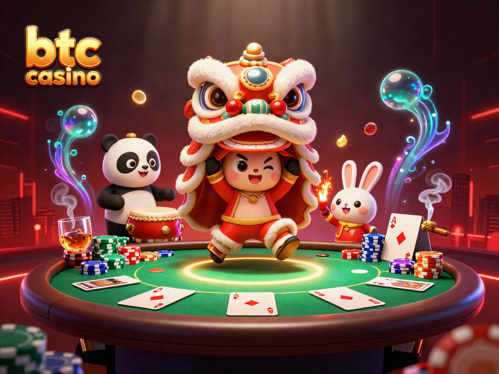 Engage in dynamic gameplay at the btc casino with a vibrant 3D illustration showcasing exciting characters and poker elements.