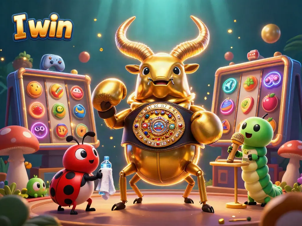 I win with a dynamic scene featuring a golden stag beetle boxing champion and vibrant casino elements.