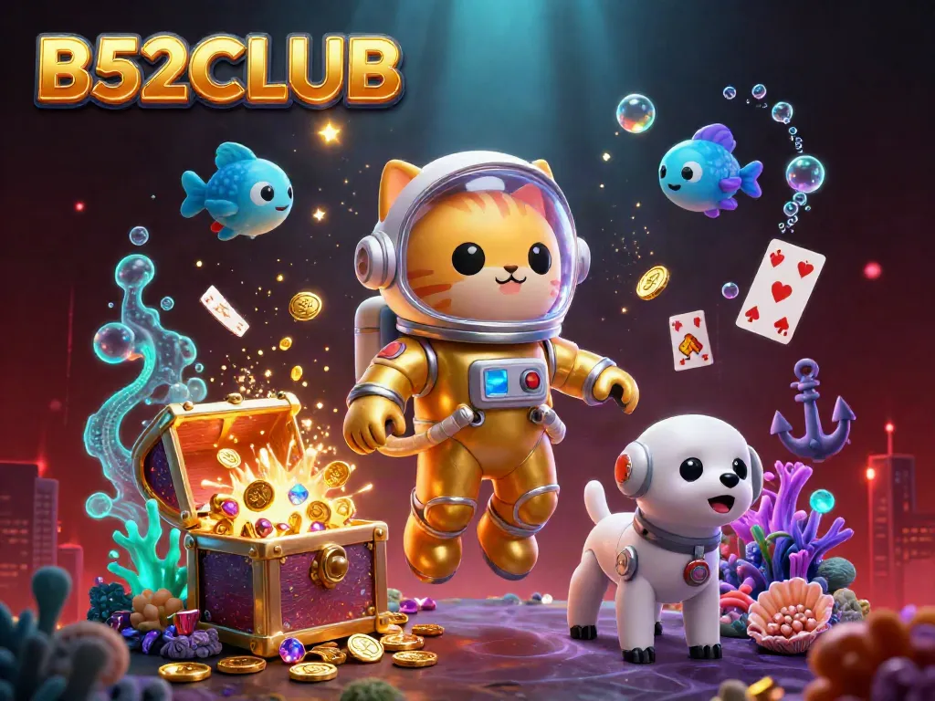 Engage in thrilling gameplay with B52CLUB featuring vibrant floating playing cards and treasures.