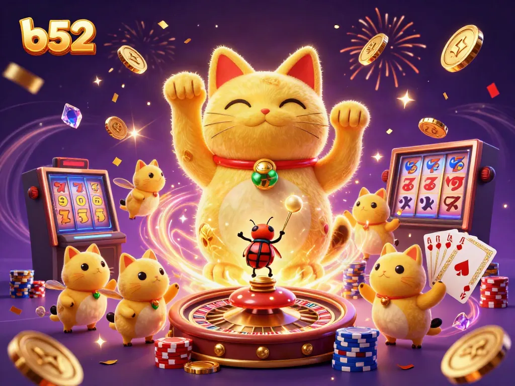 Experience excitement at b52 casino with a vibrant lucky cat surrounded by casino symbols and elements.