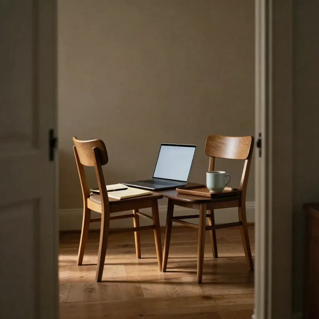 Ciepłe wnętrze do korepetycji 1:1: dwa krzesła, laptop, notes i kubek w wieczornym świetle.