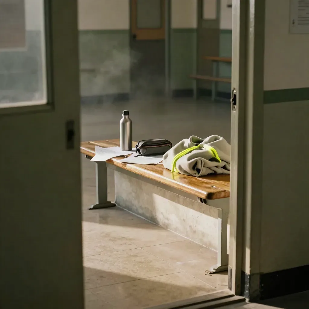 Pusta szkolna korytarz z ławką, pakietem próbnego egzaminu i lekką mgłą o poranku