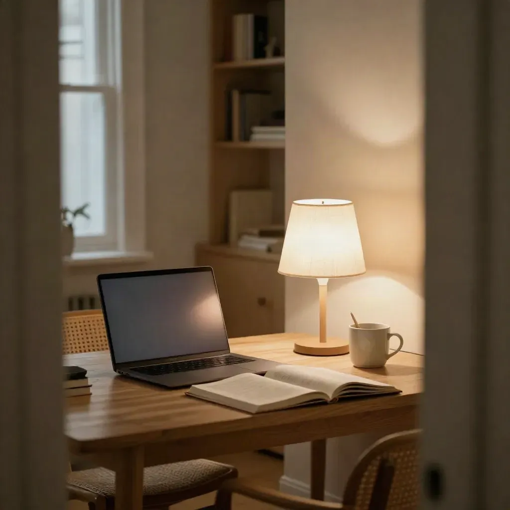 Kącik nauki po odrobieniu lekcji: laptop, lampa, kubek i pojemnik na ołówki w ciepłym świetle.