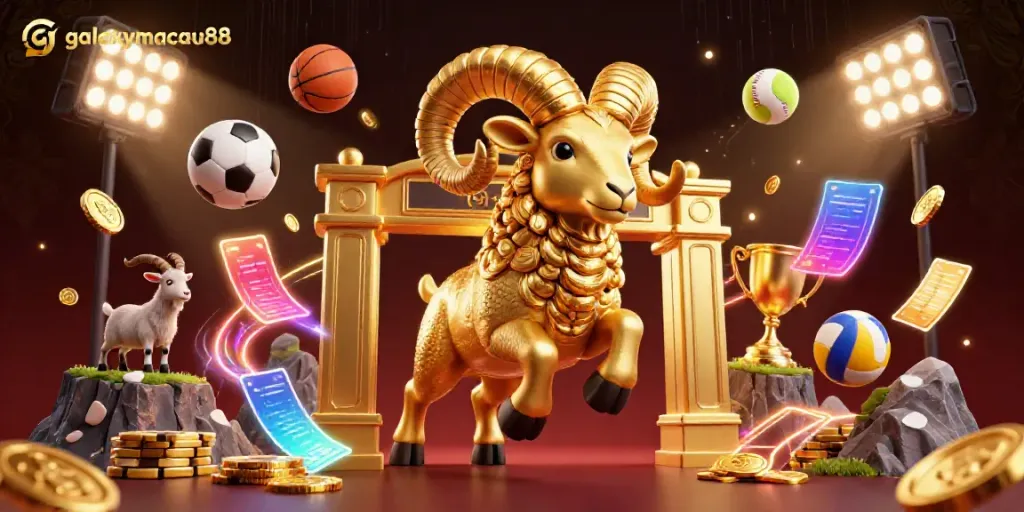Engage with galaxymacau88 featuring a dynamic illustration of a golden ram charging at a casino gate amidst vibrant sports elements.
