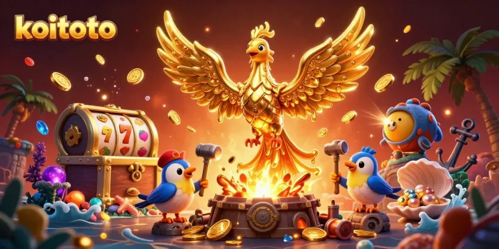 KoiToto menawarkan pengalaman bermain slot terbaik dengan simbol beruntung dan koin emas mengelilingi burung phoenix
