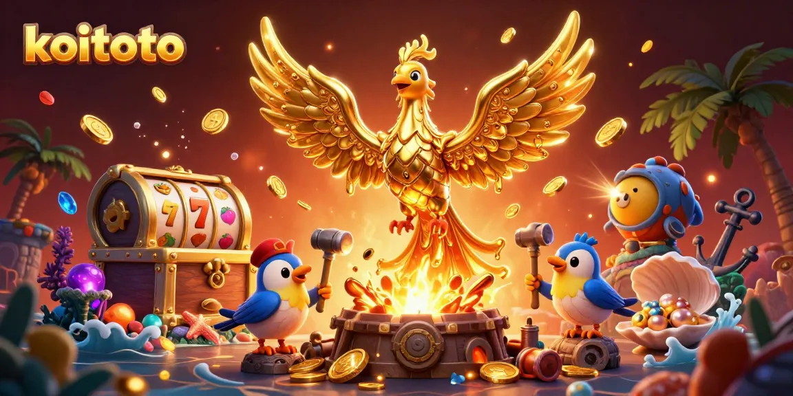 KoiToto menawarkan pengalaman bermain slot terbaik dengan simbol beruntung dan koin emas mengelilingi burung phoenix
