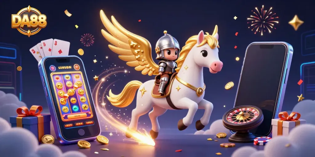 Experience DA88's exhilarating gaming adventure with a celestial equestrian scene bursting with casino elements.