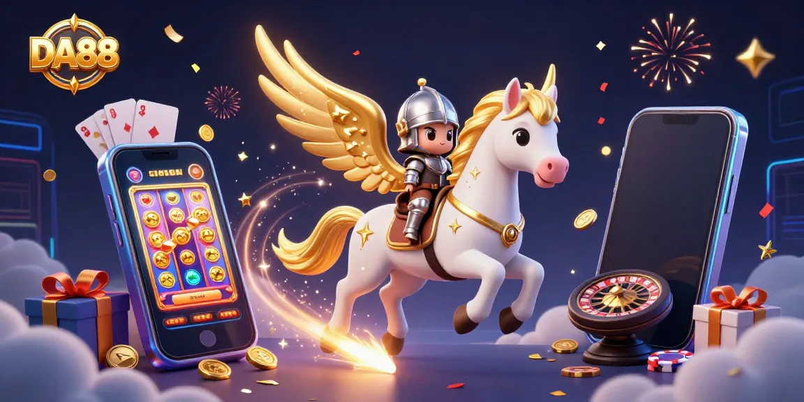 Experience DA88's exhilarating gaming adventure with a celestial equestrian scene bursting with casino elements.