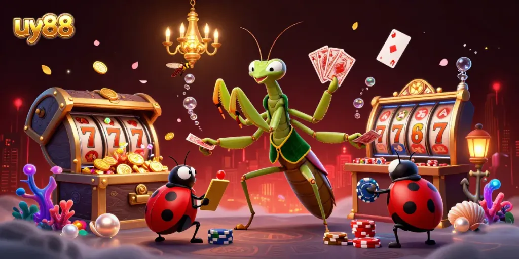 Play unique winning strategies at uy88 with vibrant 3D illustration of excited gambling characters