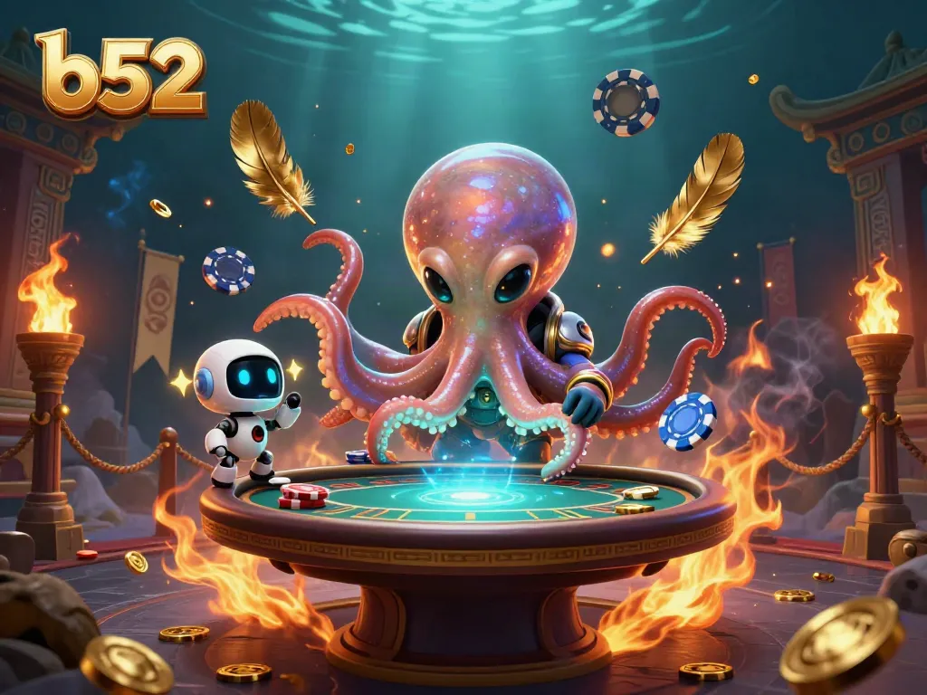 B52-themed poker game scene vibrant with alien octopus and robot in a galactic setting.