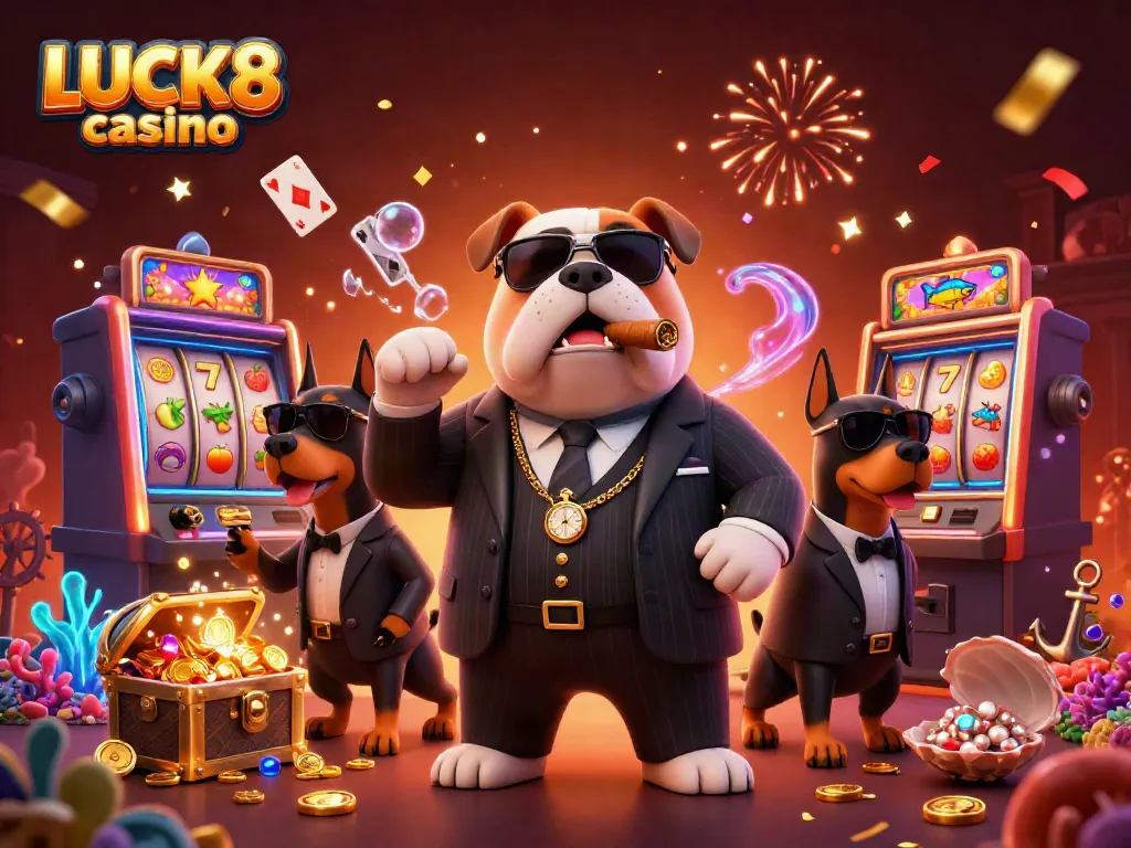 Experience the excitement of LUCK8 casino with a vibrant 3D scene featuring slot machines and thrilling gaming elements.