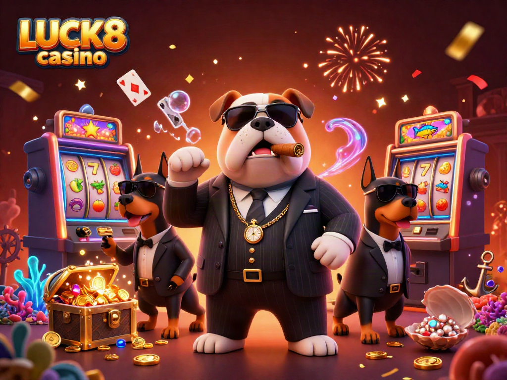 Experience the excitement of LUCK8 casino with a vibrant 3D scene featuring slot machines and thrilling gaming elements.