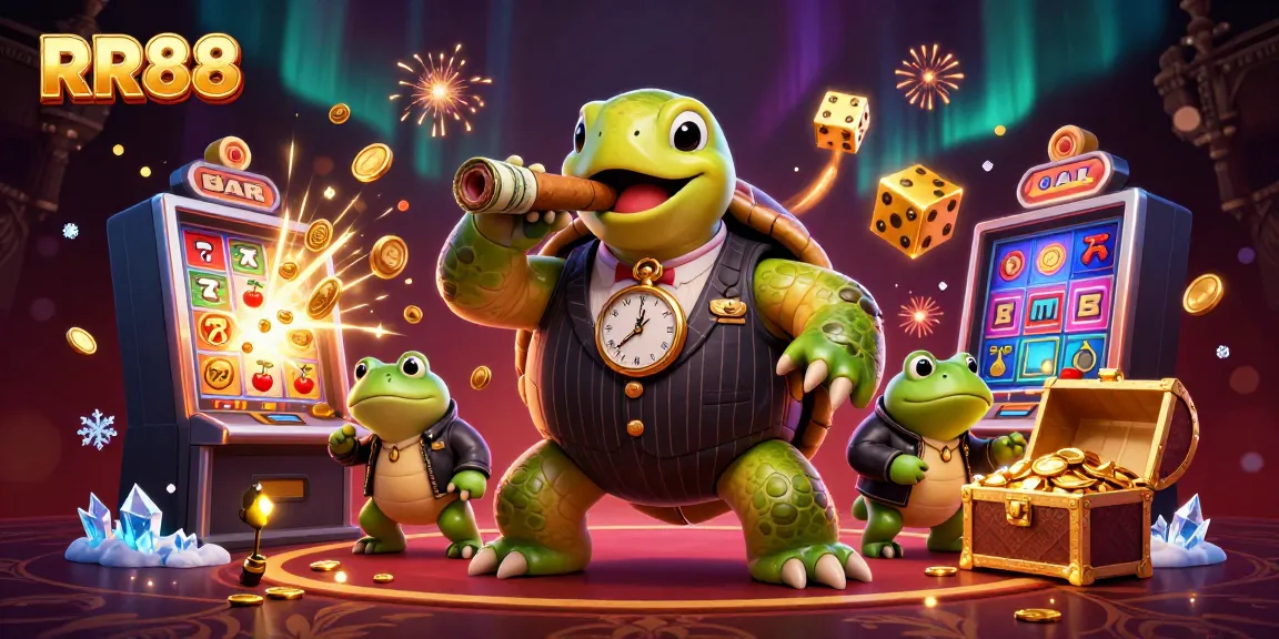 Experience RR88 with a cartoon turtle mobster and bullfrogs in a vibrant casino scene.