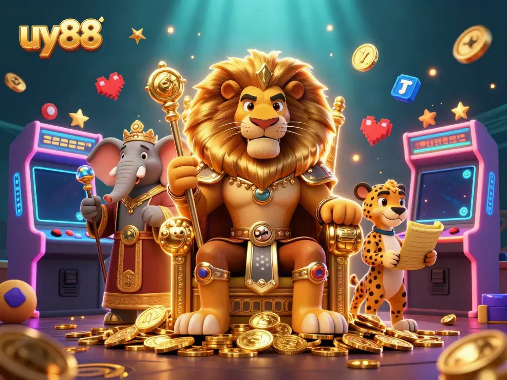 Experience the excitement of uy88 with a lion king, wise elephant, and cheetah amidst colorful game machines.