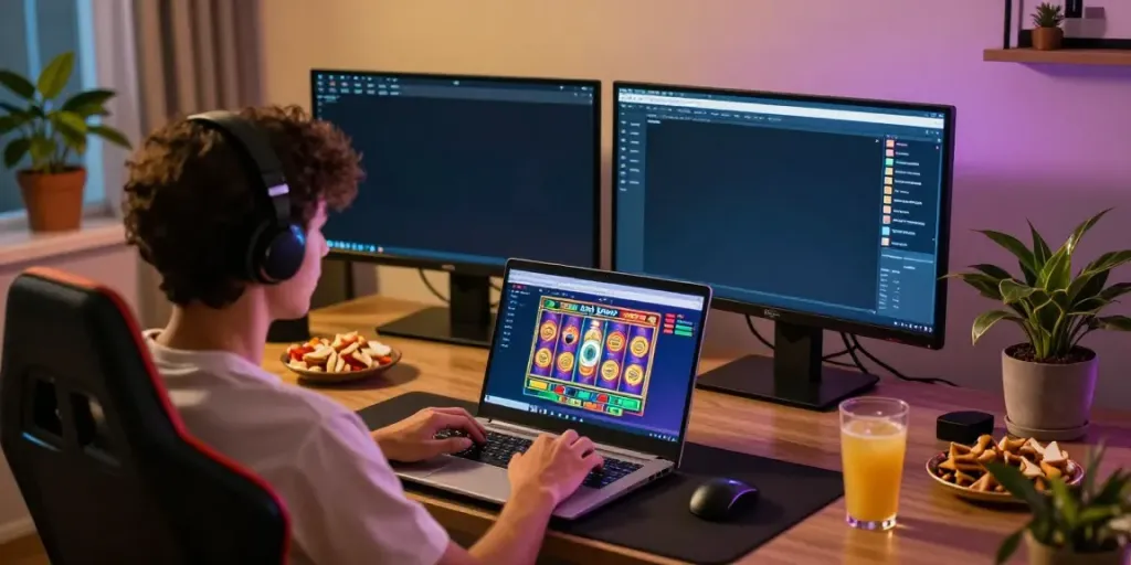 Player enjoying situs slot gacor games on a sleek laptop in a cozy gaming setup.