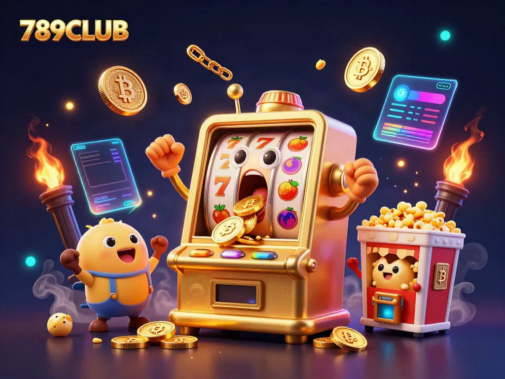 Experience the thrill of 789CLUB with golden slot machines hitting jackpots amidst vibrant gaming elements in an exciting casino scene.
