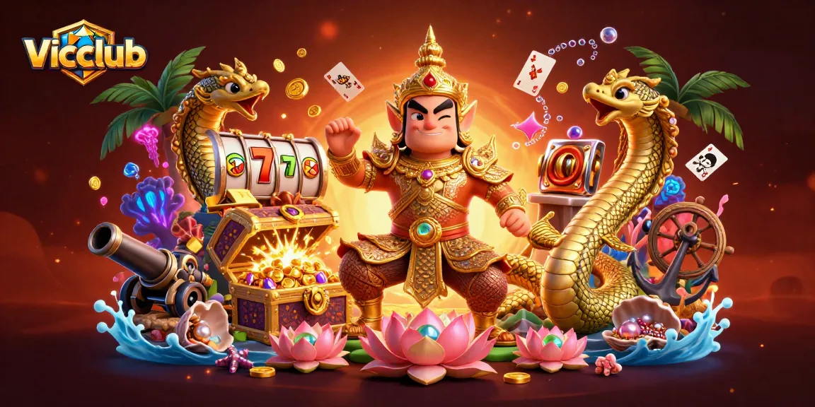 Experience the excitement of vicclub slots with captivating cartoon-style characters and vibrant casino elements.