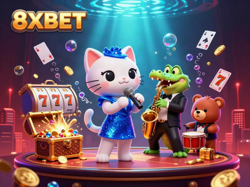 Experience the vibrant energy of 8XBET with a lively casino scene featuring unique characters and dynamic gaming elements.