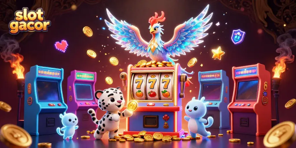 Menangkan permainan dengan slot gacor, menampilkan phoenix dan chip jackpot bersinar di latar belakang kasino