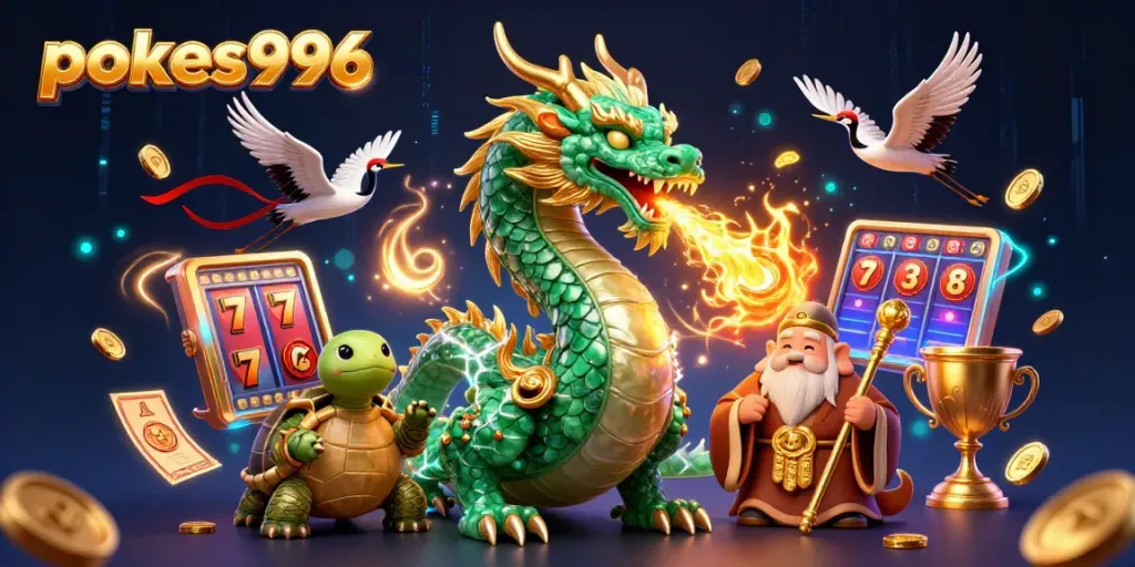 Experience pokies996 with a dragon, lucky cranes, and golden jackpots in a vibrant casino scene