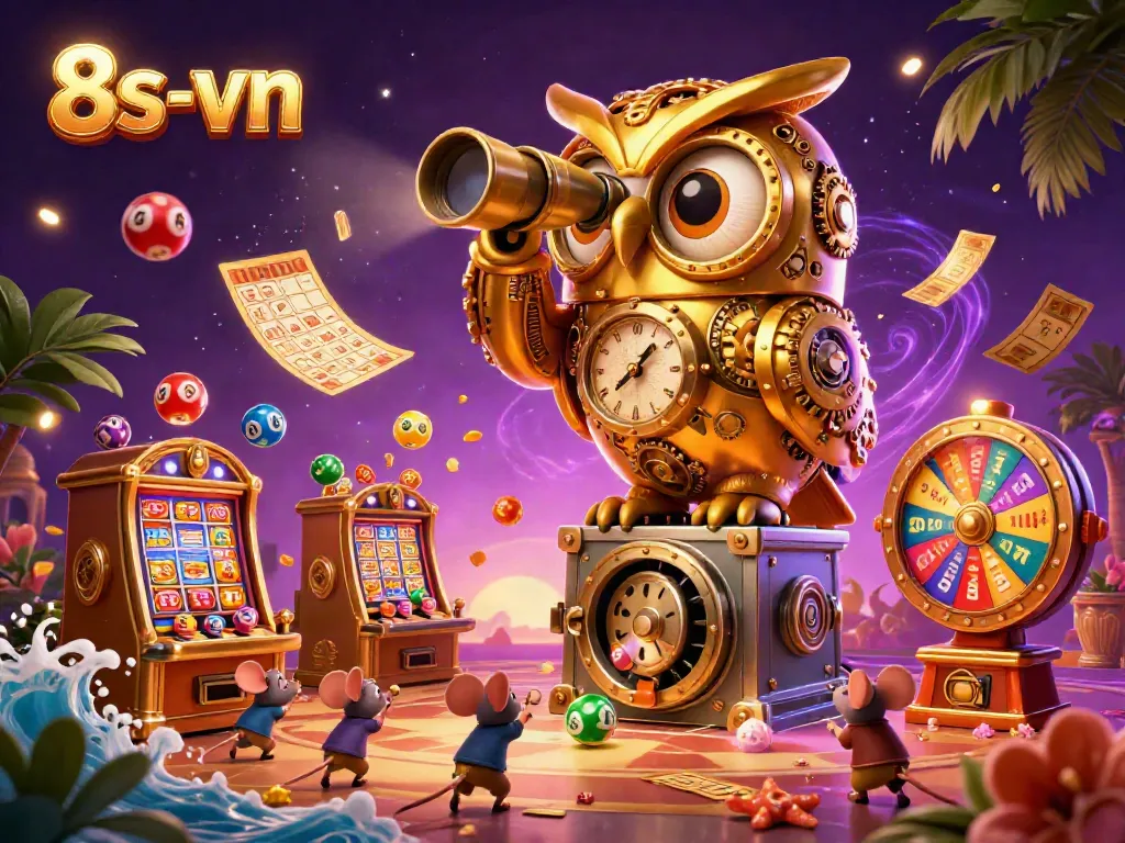 Engaging 8s-vn casino scene with a clockwork owl and animated slots bursting with energy.