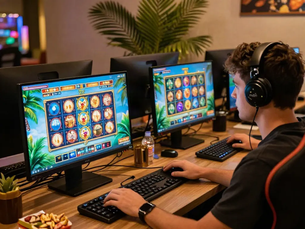 Engaging player enjoying server Thailand online slots in a vibrant gaming setup.