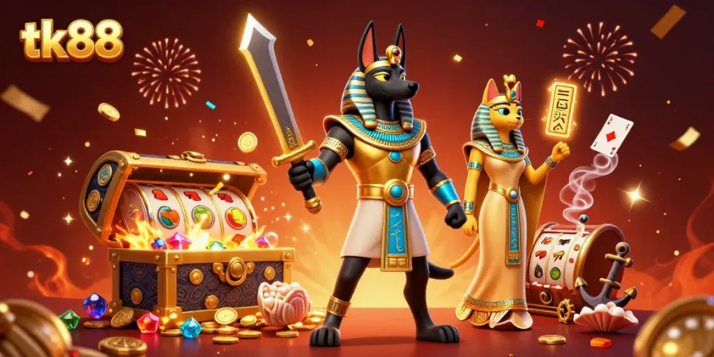 Players engaging in the tk88 slot game with vibrant Egyptian-themed characters and dazzling treasures.