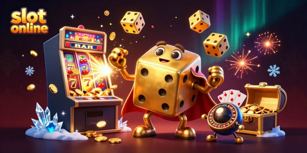 Experience the thrill of slot online with our 3D casino scene featuring golden dice and vibrant game elements.