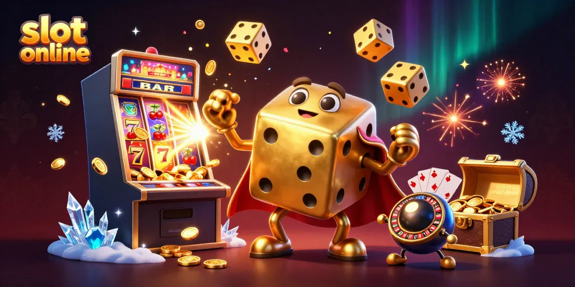 Experience the thrill of slot online with our 3D casino scene featuring golden dice and vibrant game elements.