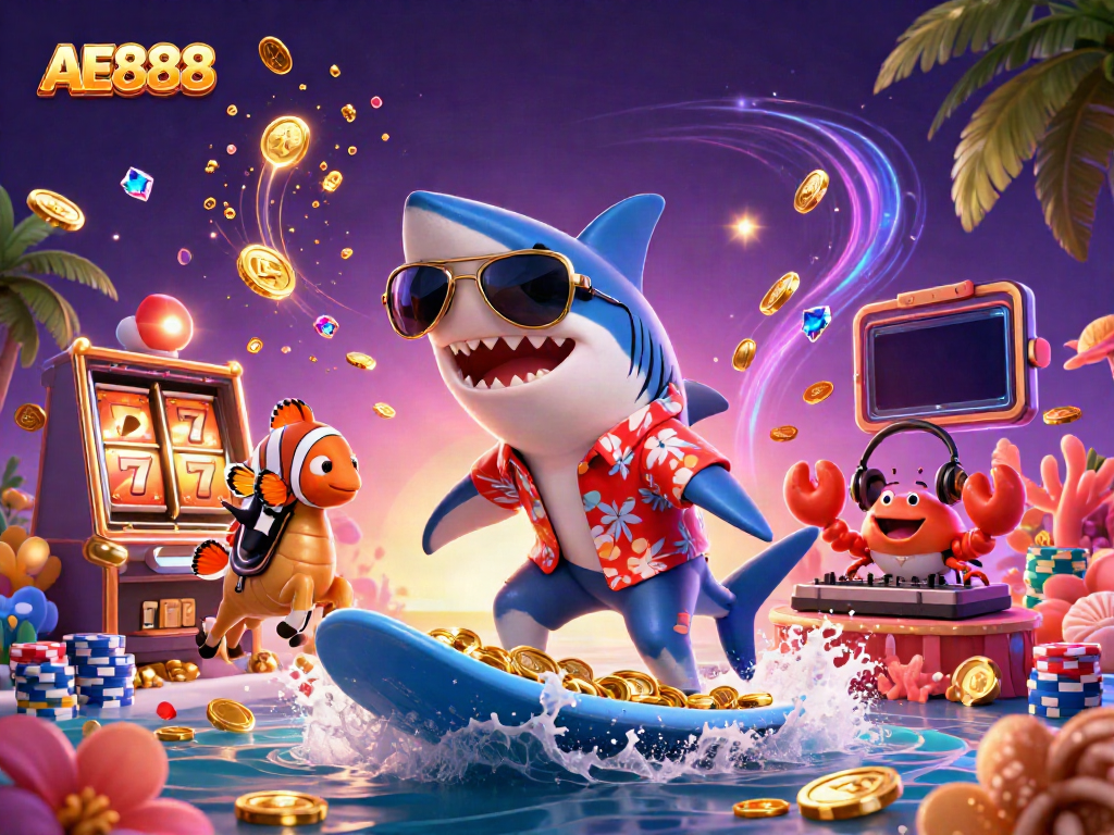 Experience fun at AE888 with a surfing shark, vibrant treasure, and playful casino elements.