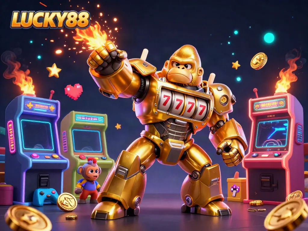 Experience thrilling gameplay with LUCKY88's vibrant 3D scene featuring a golden gorilla mech and arcade elements.