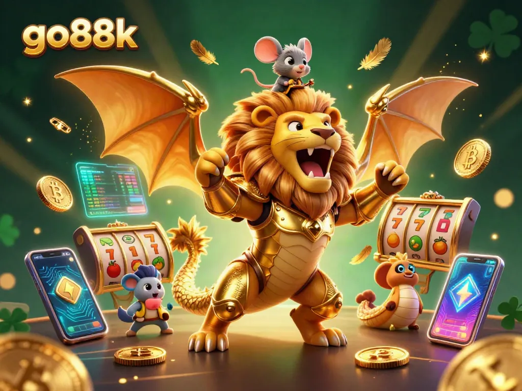 Experience go88k thrilling casino action with vibrant 3D chimera and crypto elements.
