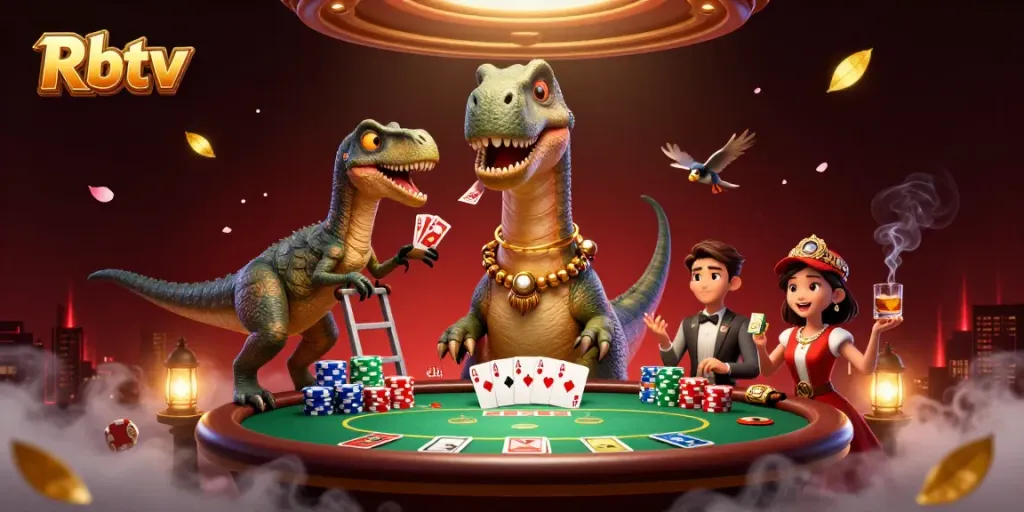 Rbtv menghadirkan konsep kasino dengan kartun dinosaurus dan elemen poker yang kaya.